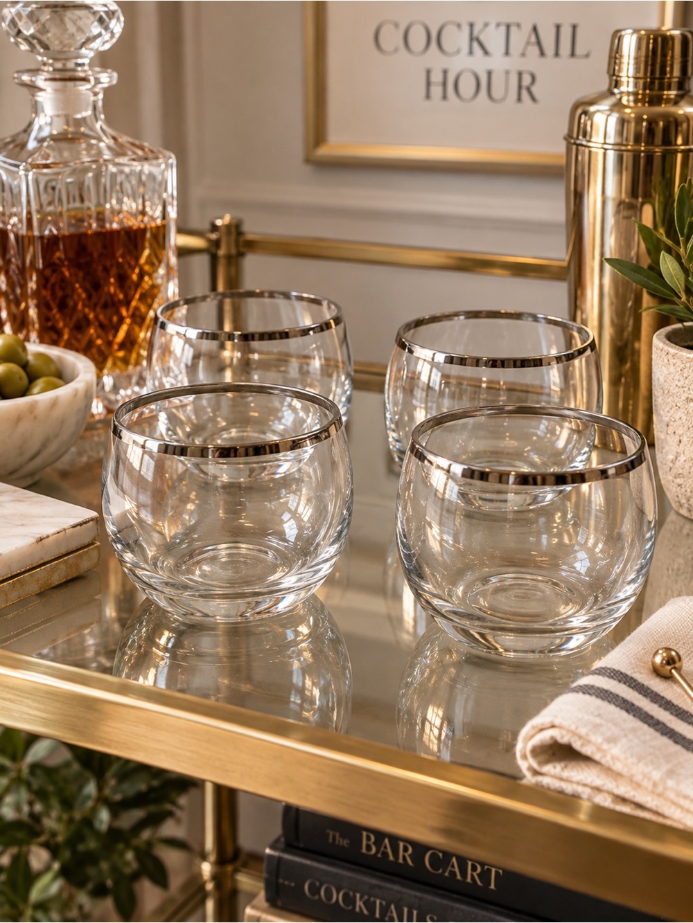 Vintage MCM Silver Rim Roly Poly Lowball Cocktail Glasses Set Of 4 Barware GUC